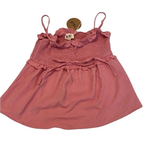 BiBi NWT SzS pink ruffle trim elastic bodice adjustable spaghetti straps top - Picture 1 of 8